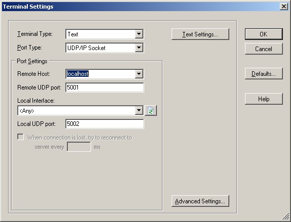 Settings required to communicate with the RTOS command line